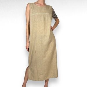 MEASUREMENTS Vintage Linen Maxi Dress Tan Beige Cream Sleeveless